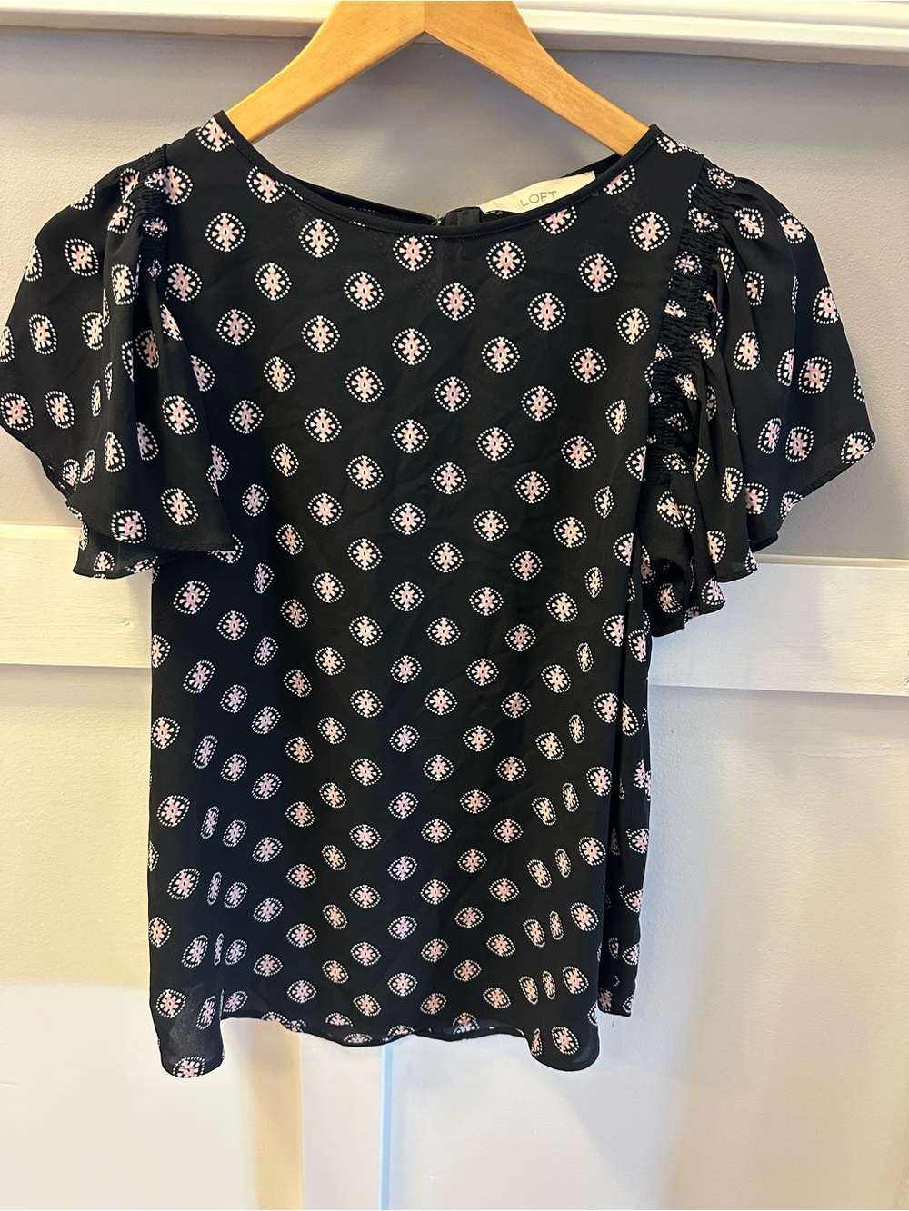 LOFT Black Blouse with Pink Dot Floral Medallions and Flutter Sleeves